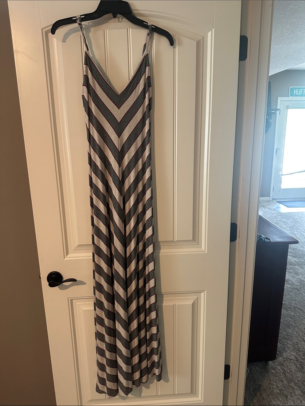 Matty M Chevron Stripe V-Neck Maxi Dress in Gray and White